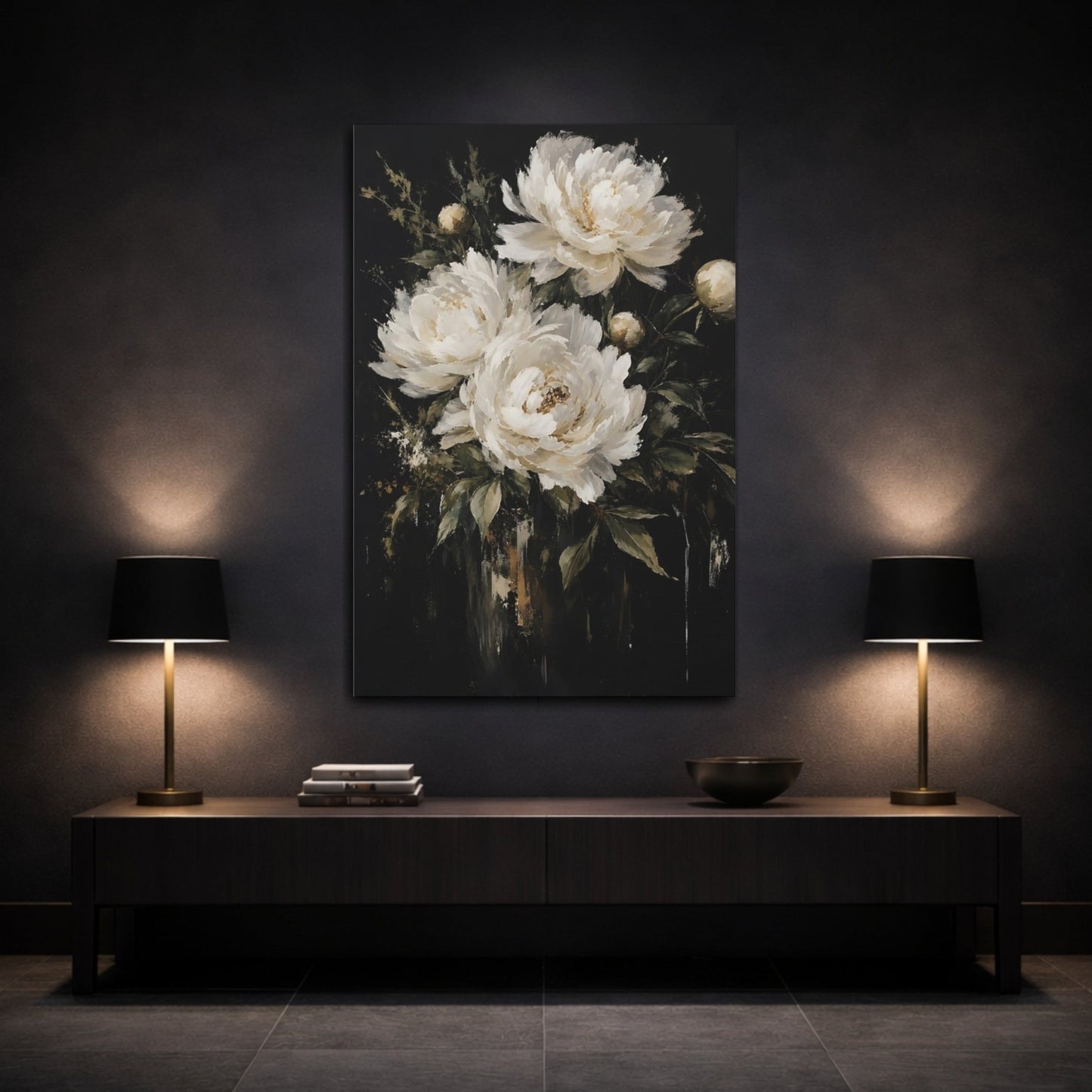 Floral Peonies White Dark Canvas Print – modern Living Room, Above Couch - YesArtYes