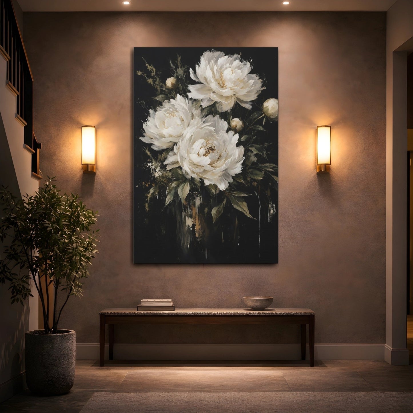 Floral Peonies White Dark Canvas Print – modern Living Room, Above Couch - YesArtYes