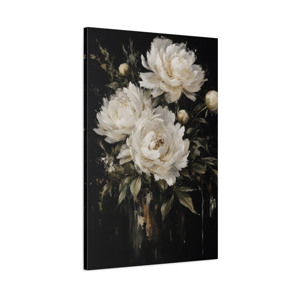Floral Peonies White Dark Canvas Print – modern Living Room, Above Couch - YesArtYes