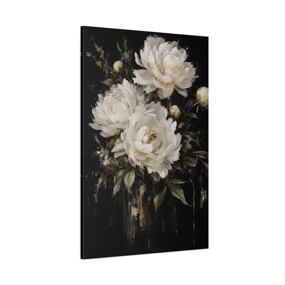 Floral Peonies White Dark Canvas Print – modern Living Room, Above Couch - YesArtYes