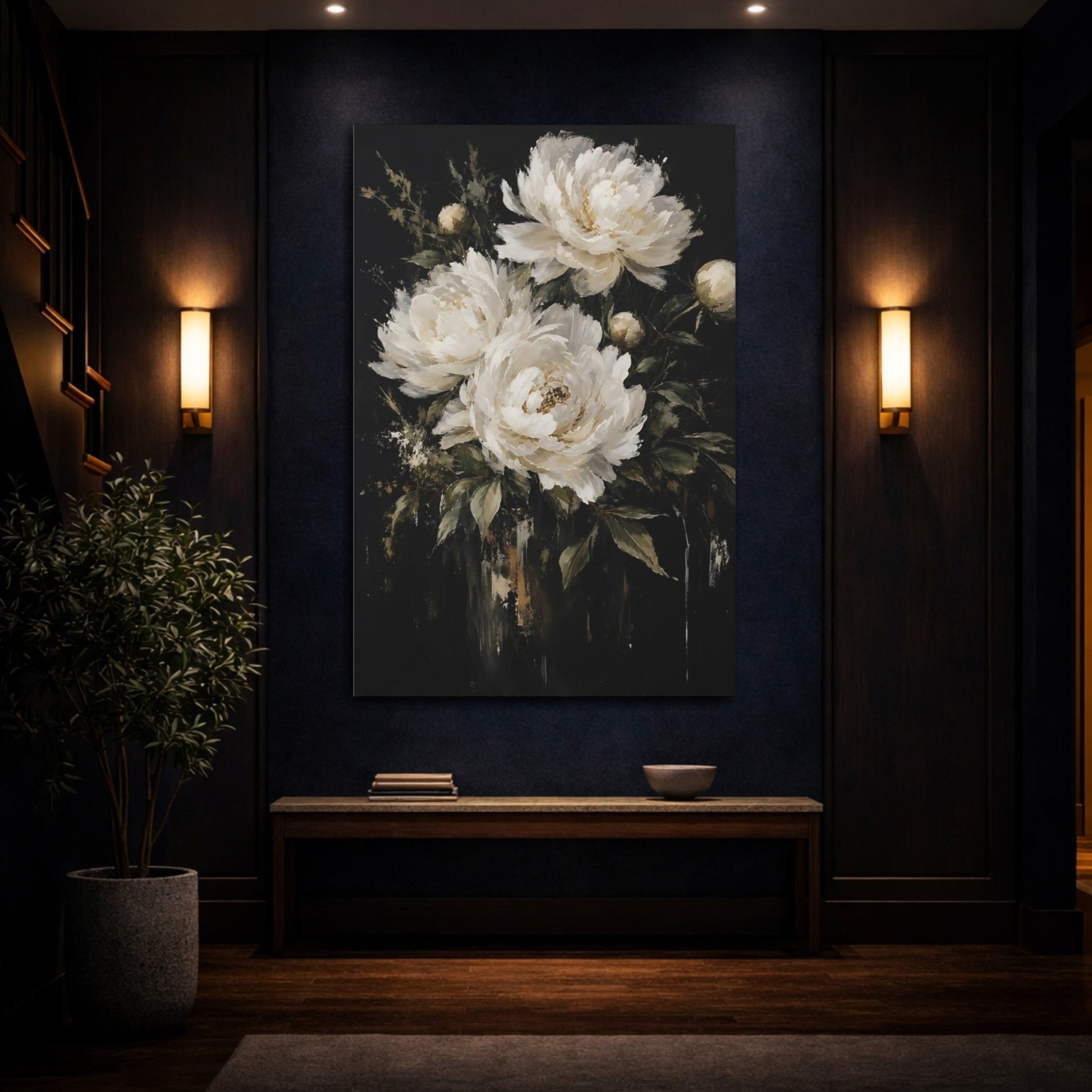 Floral Peonies White Dark Canvas Print – modern Living Room, Above Couch - YesArtYes