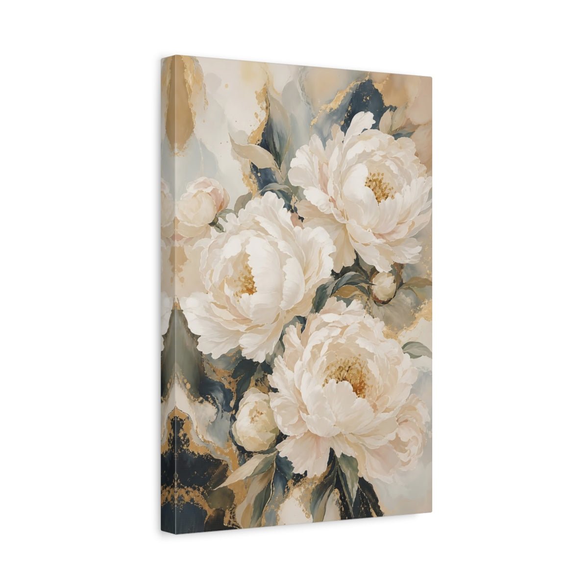 Floral Peonies White Gold Canvas Wall Art Print – Living Room Decor, Above Sofa - YesArtYes