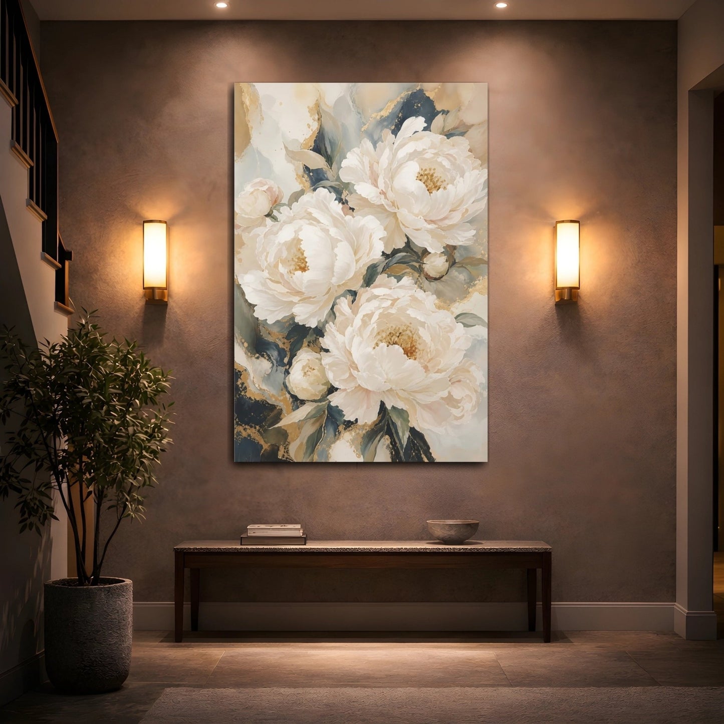 Floral Peonies White Gold Canvas Wall Art Print – Living Room Decor, Above Sofa - YesArtYes