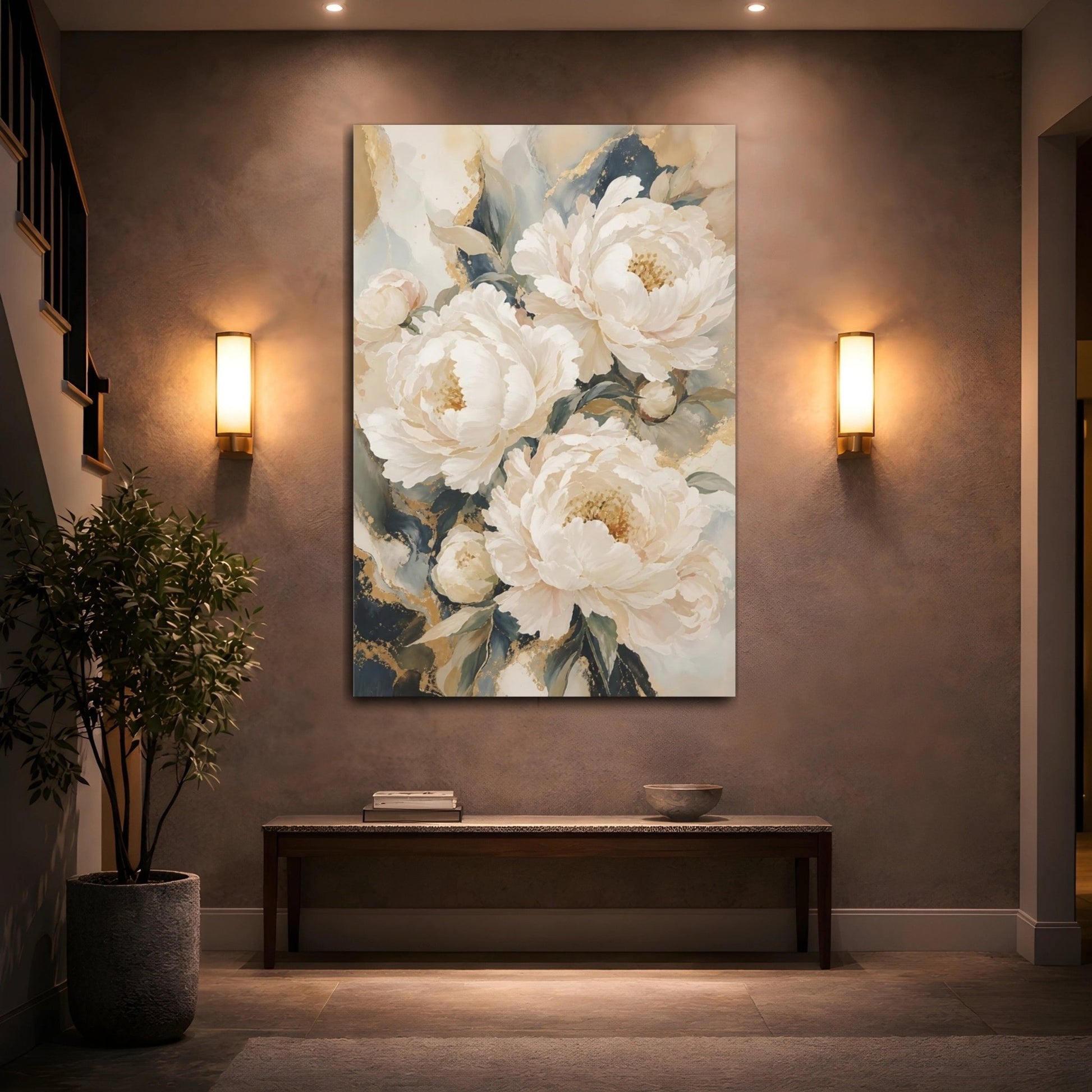 Floral Peonies White Gold Canvas Wall Art Print – Living Room Decor, Above Sofa - YesArtYes