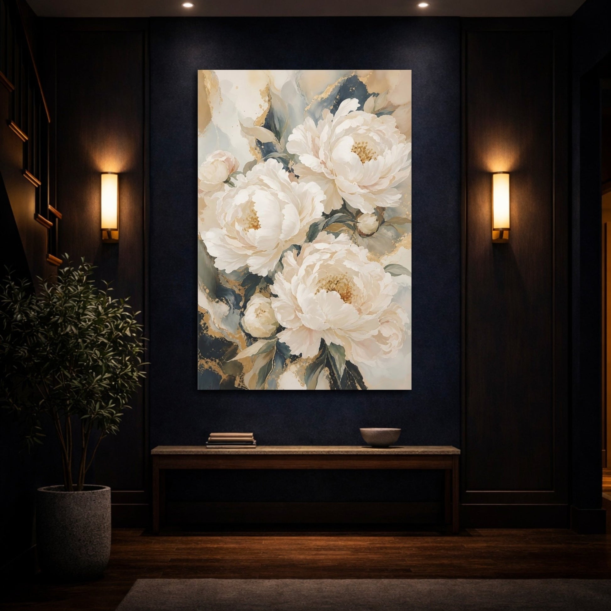 Floral Peonies White Gold Canvas Wall Art Print – Living Room Decor, Above Sofa - YesArtYes