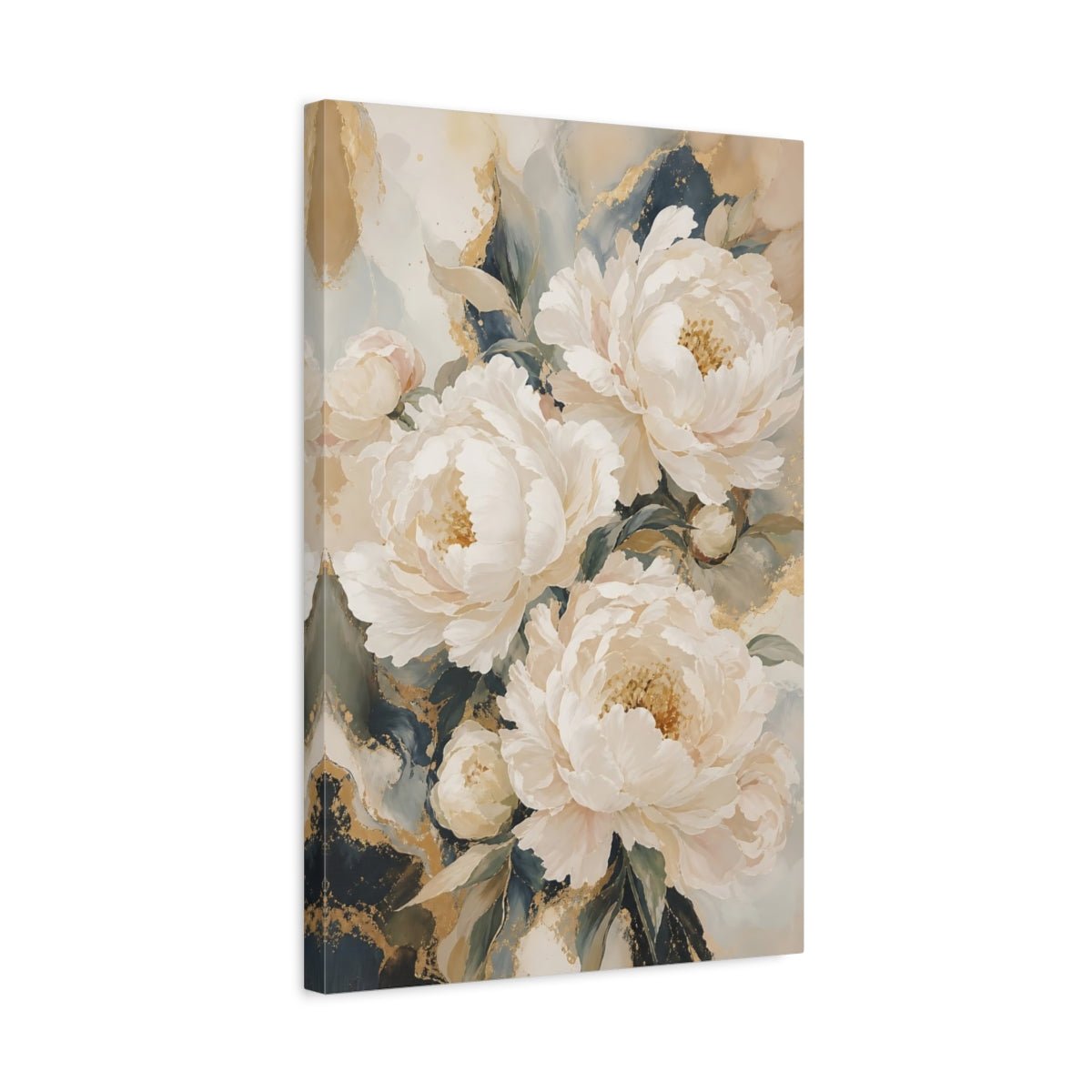 Floral Peonies White Gold Canvas Wall Art Print – Living Room Decor, Above Sofa - YesArtYes