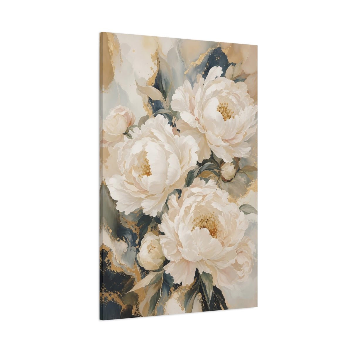 Floral Peonies White Gold Canvas Wall Art Print – Living Room Decor, Above Sofa - YesArtYes