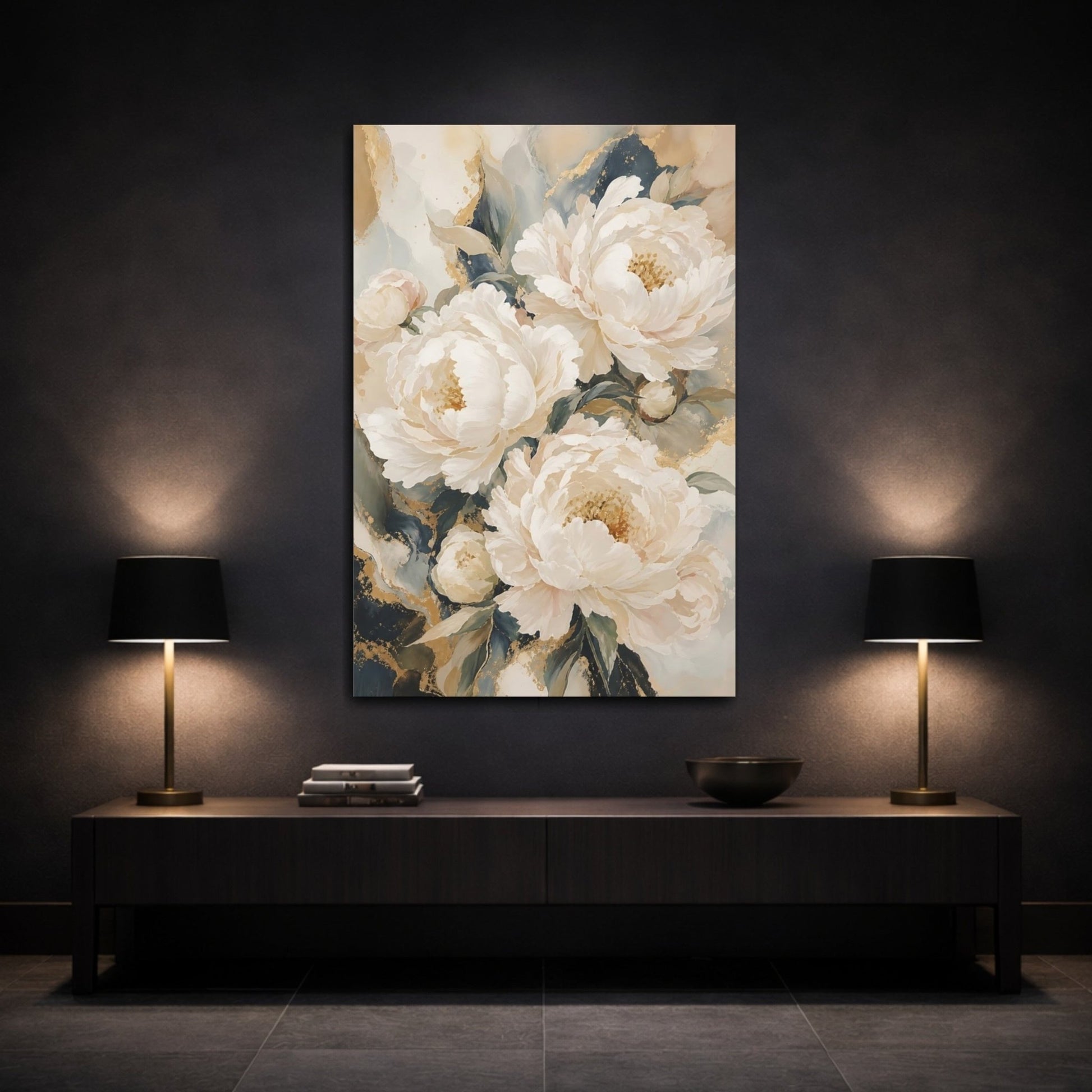 Floral Peonies White Gold Canvas Wall Art Print – Living Room Decor, Above Sofa - YesArtYes
