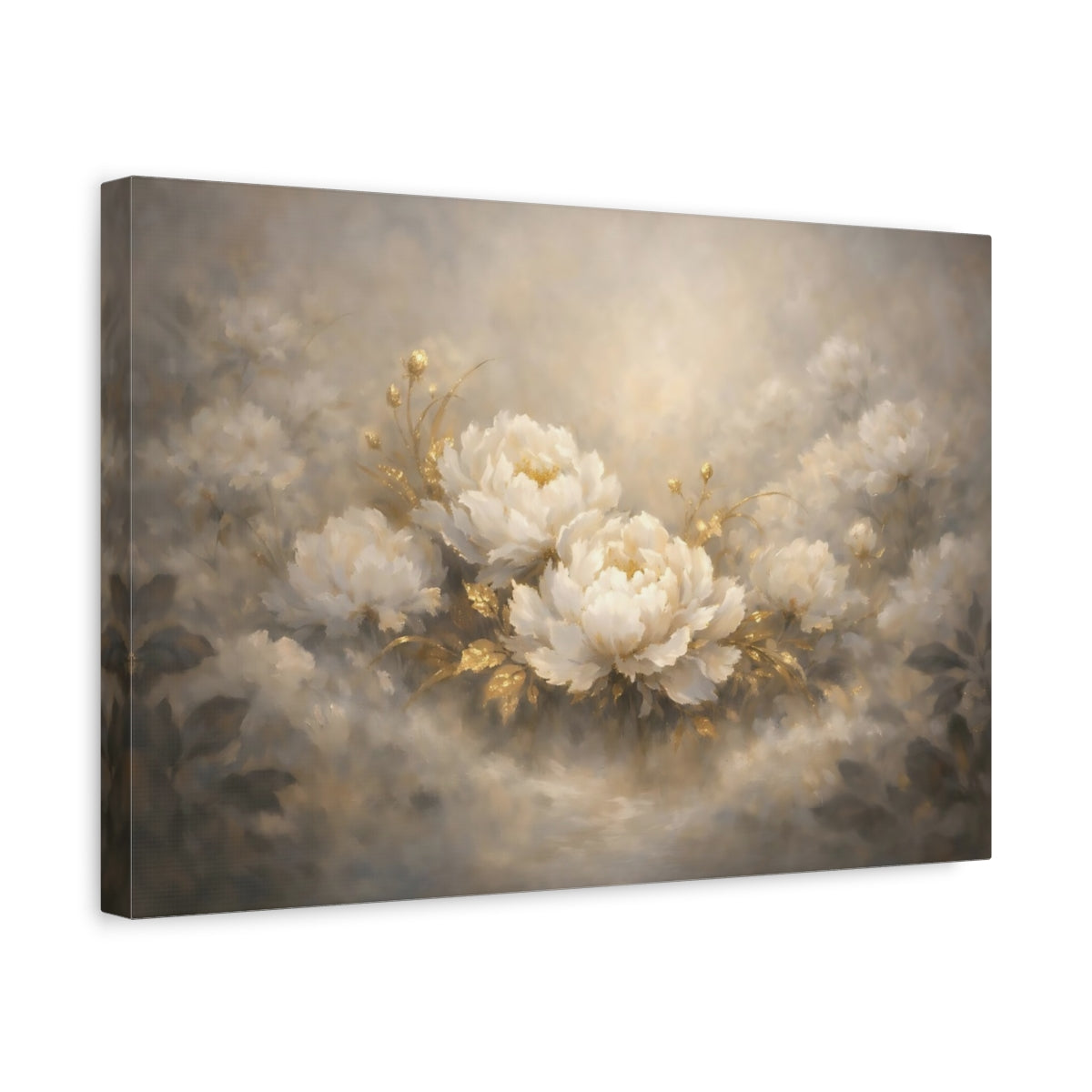 Side Mockup 4. Floral Peonies White Gold Floral shown as stretched canvas wall art