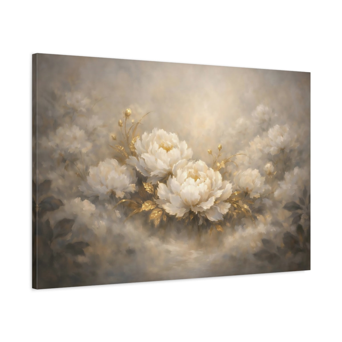 Side Mockup 1. Floral Peonies White Gold Floral shown as stretched canvas wall art