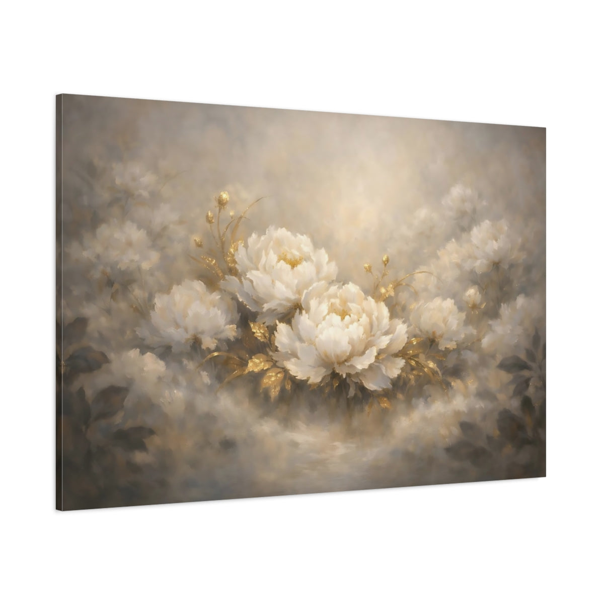 Main Mockup. Floral Peonies White Gold Floral shown as stretched canvas wall art