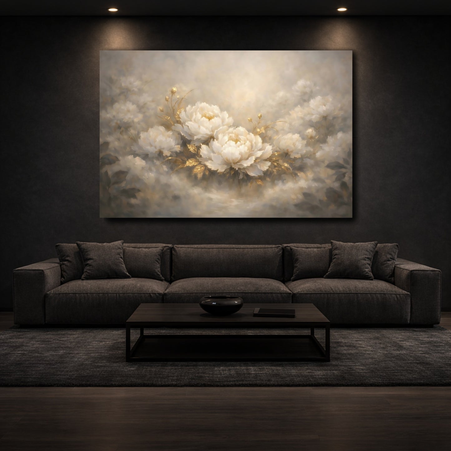 Mockup 2. Floral Peonies White Gold Floral shown as stretched canvas wall art