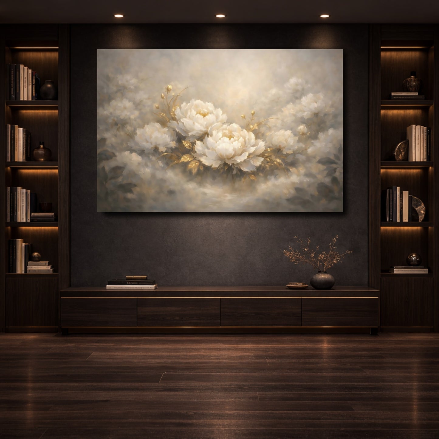 Mockup 3. Floral Peonies White Gold Floral shown as stretched canvas wall art