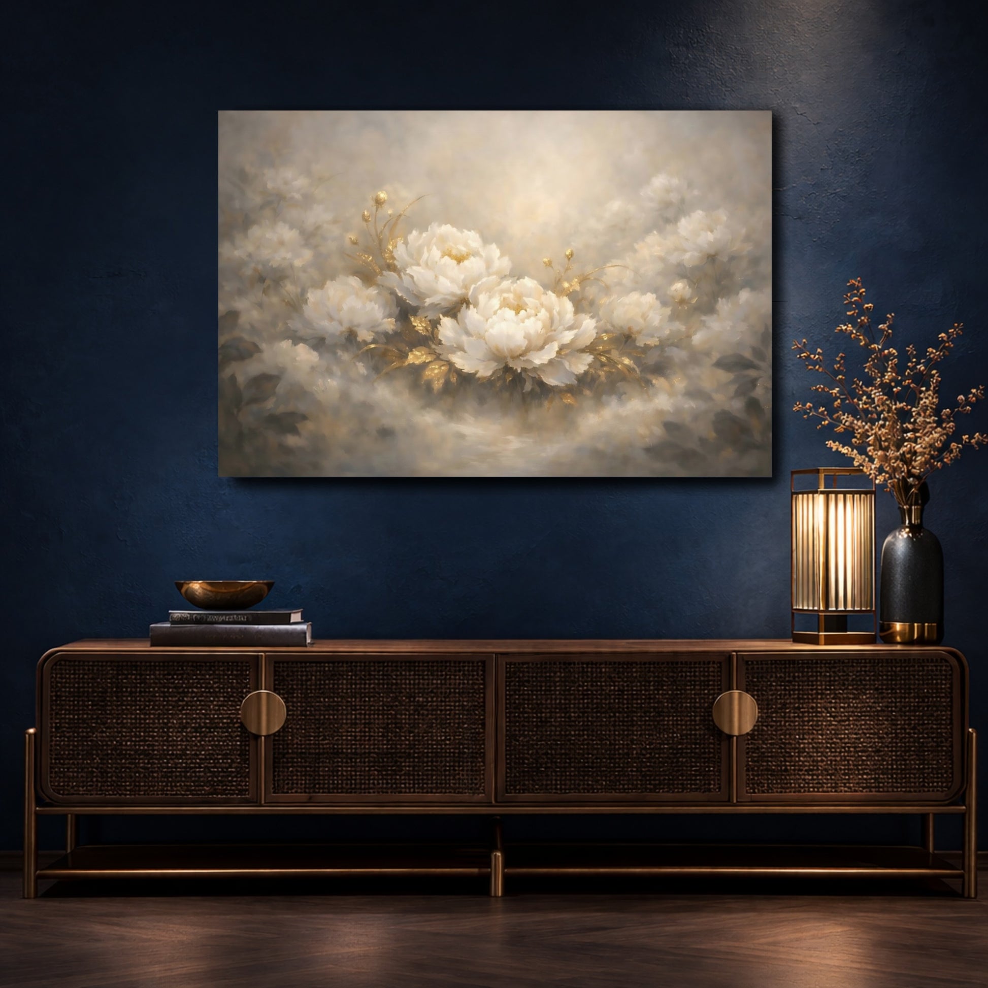 Mockup 4. Floral Peonies White Gold Floral shown as stretched canvas wall art