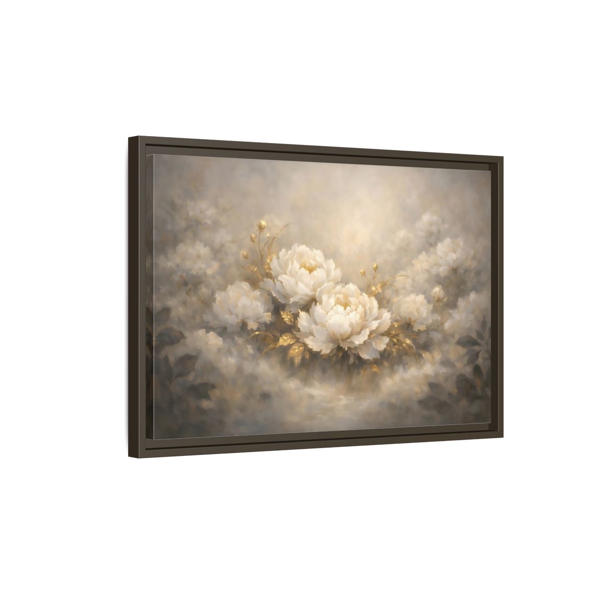 Side Mockup 2. Floral Peonies White Gold Peonies shown as stretched canvas wall art