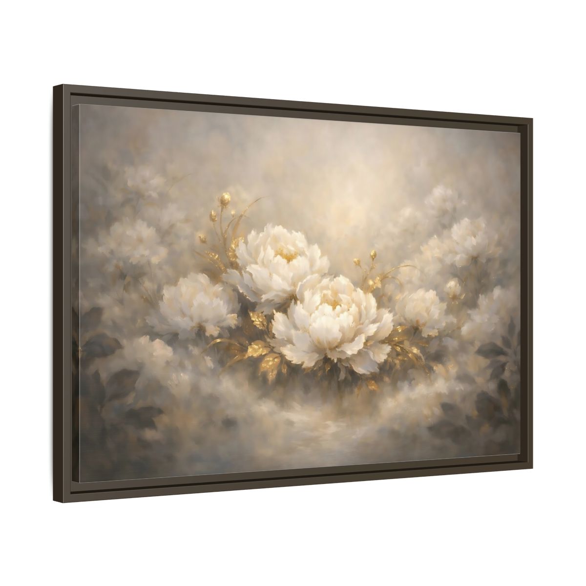 Side Mockup 11. Floral Peonies White Gold Peonies shown as stretched canvas wall art