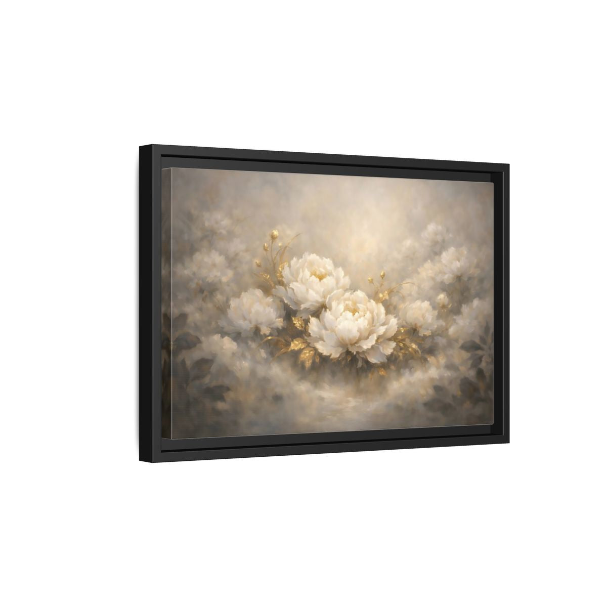 Side Mockup 6. Floral Peonies White Gold Peonies shown as stretched canvas wall art