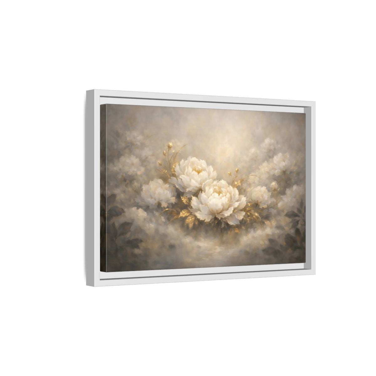 Side Mockup 4. Floral Peonies White Gold Peonies shown as stretched canvas wall art