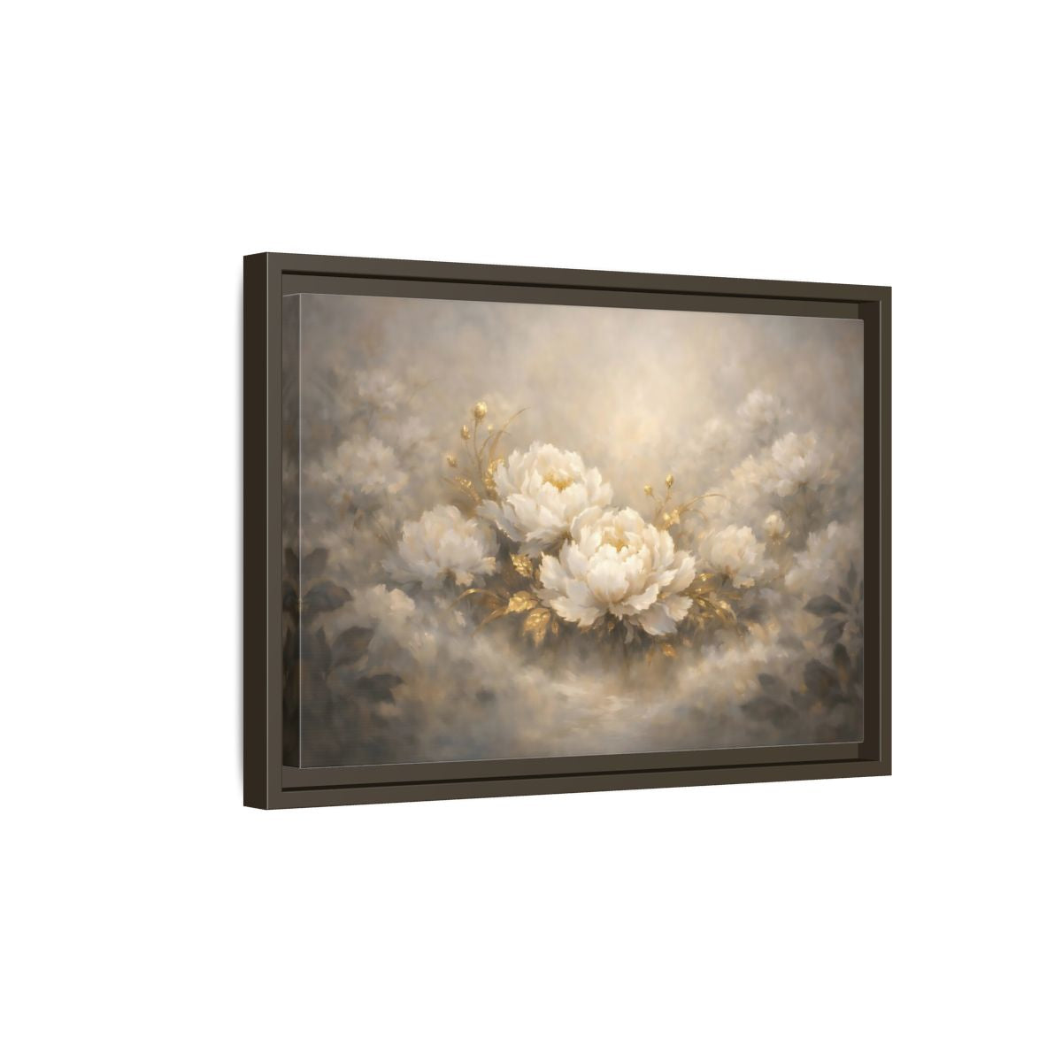 Side Mockup 5. Floral Peonies White Gold Peonies shown as stretched canvas wall art
