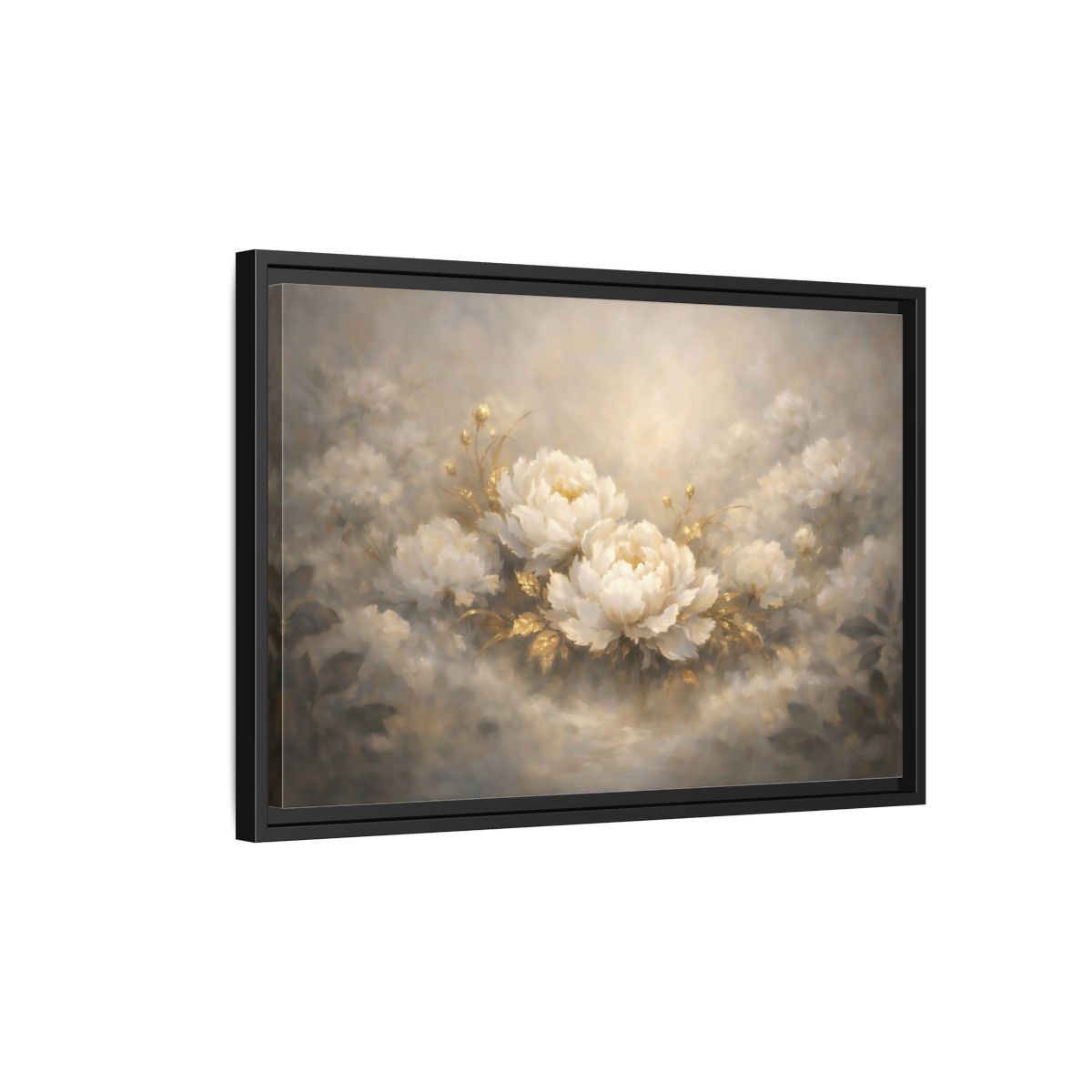 Side Mockup 3. Floral Peonies White Gold Peonies shown as stretched canvas wall art