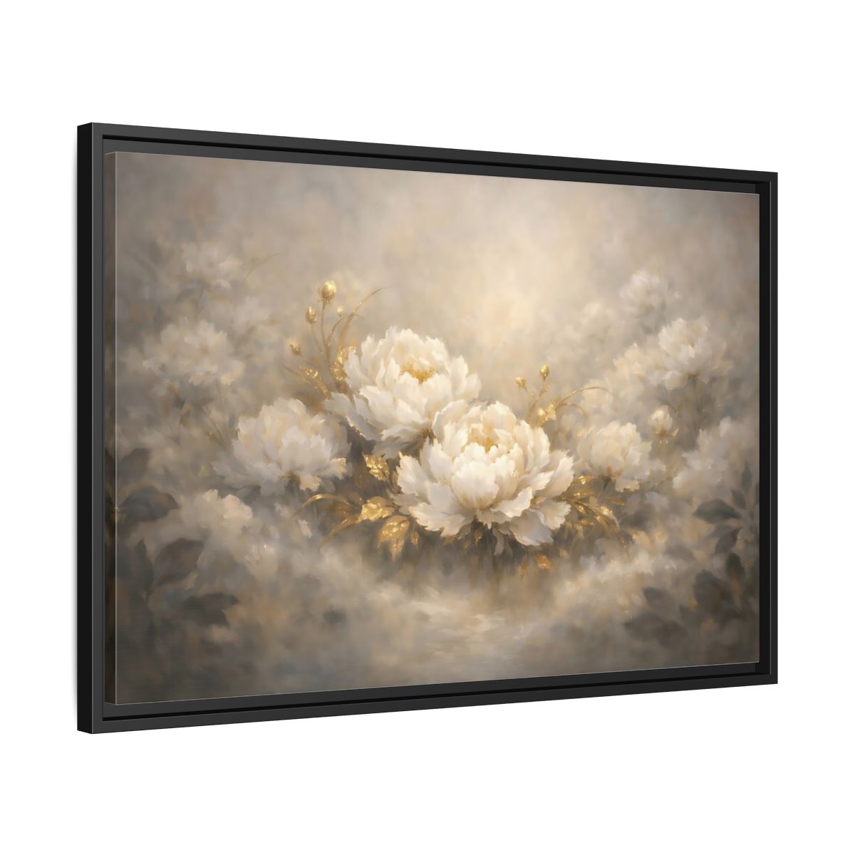 Side Mockup 14. Floral Peonies White Gold Peonies shown as stretched canvas wall art