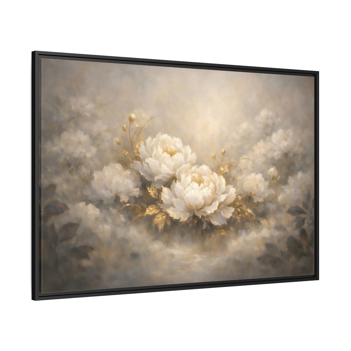 Side Mockup 12. Floral Peonies White Gold Peonies shown as stretched canvas wall art