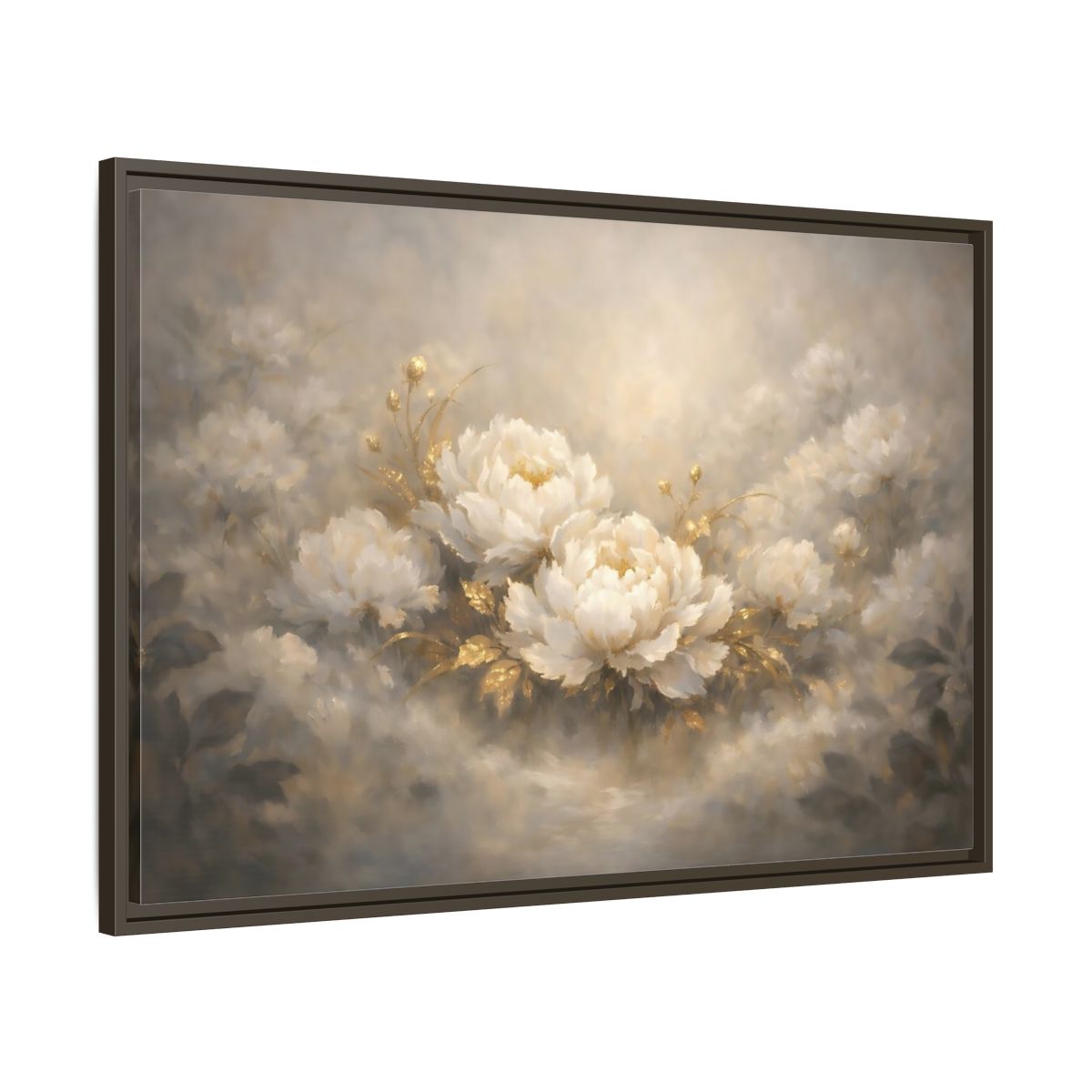 Side Mockup 9. Floral Peonies White Gold Peonies shown as stretched canvas wall art