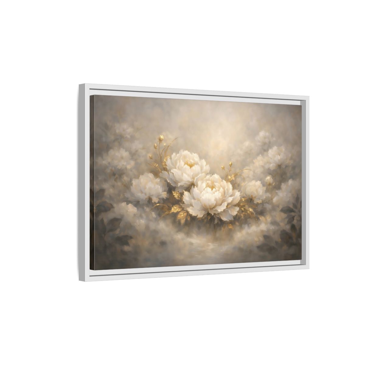Side Mockup 1. Floral Peonies White Gold Peonies shown as stretched canvas wall art