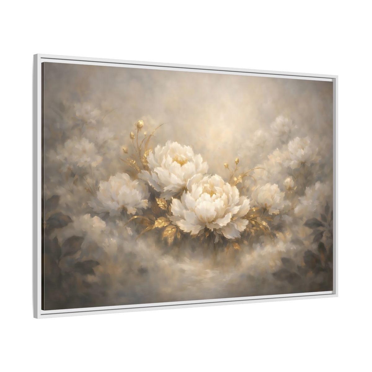 Side Mockup 7. Floral Peonies White Gold Peonies shown as stretched canvas wall art