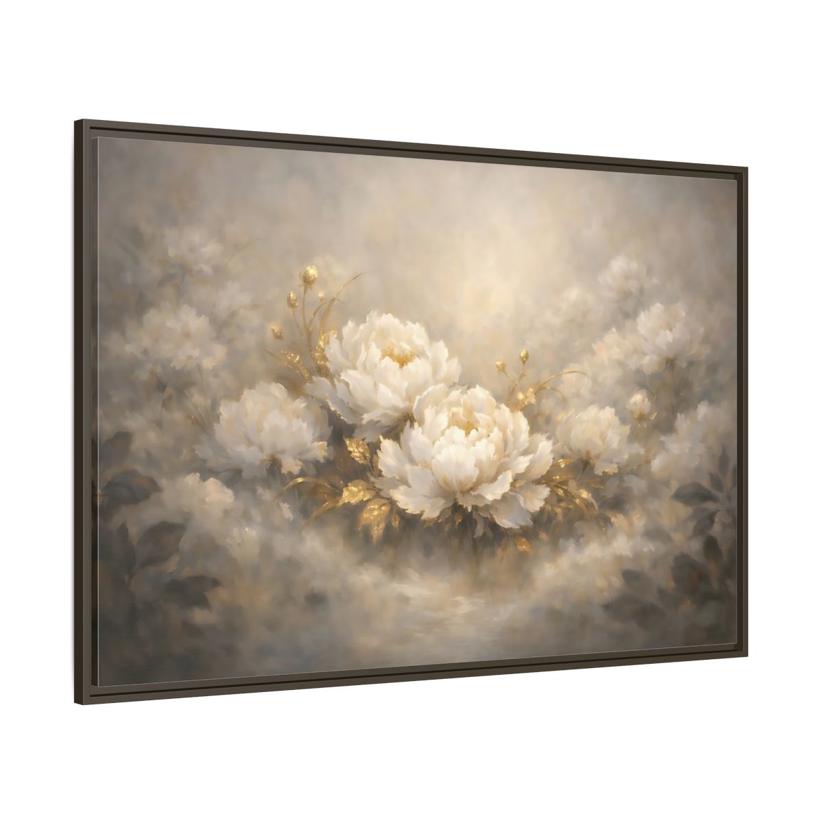 Main Mockup. Floral Peonies White Gold Peonies shown as stretched canvas wall art