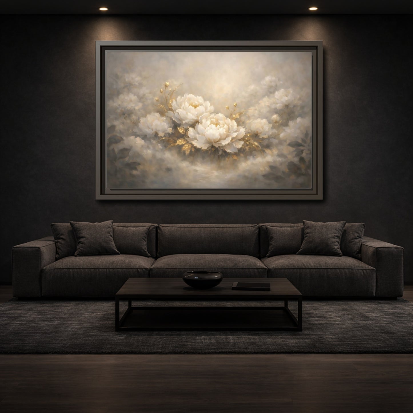 Mockup 2. Floral Peonies White Gold Peonies shown as stretched canvas wall art