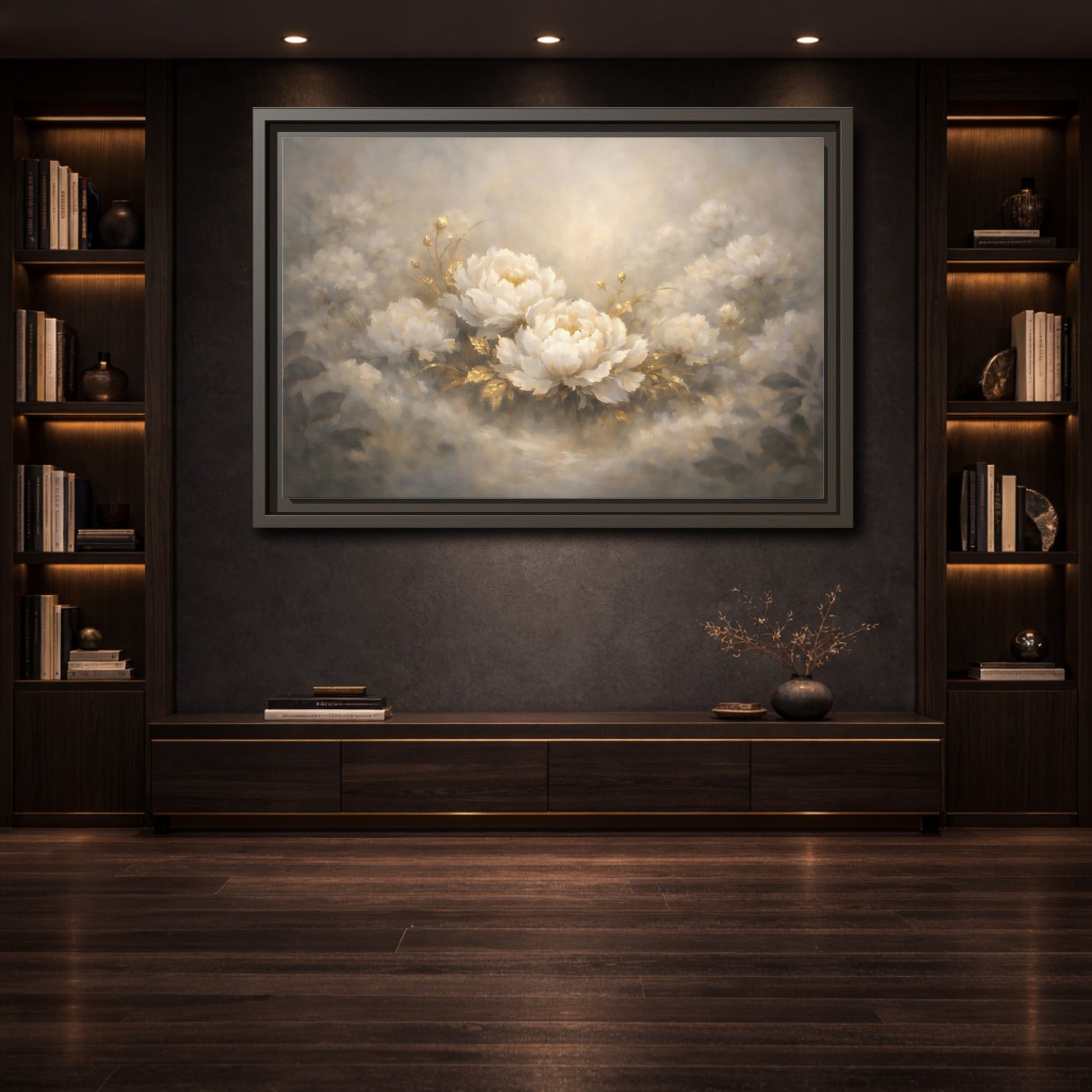 Mockup 3. Floral Peonies White Gold Peonies shown as stretched canvas wall art