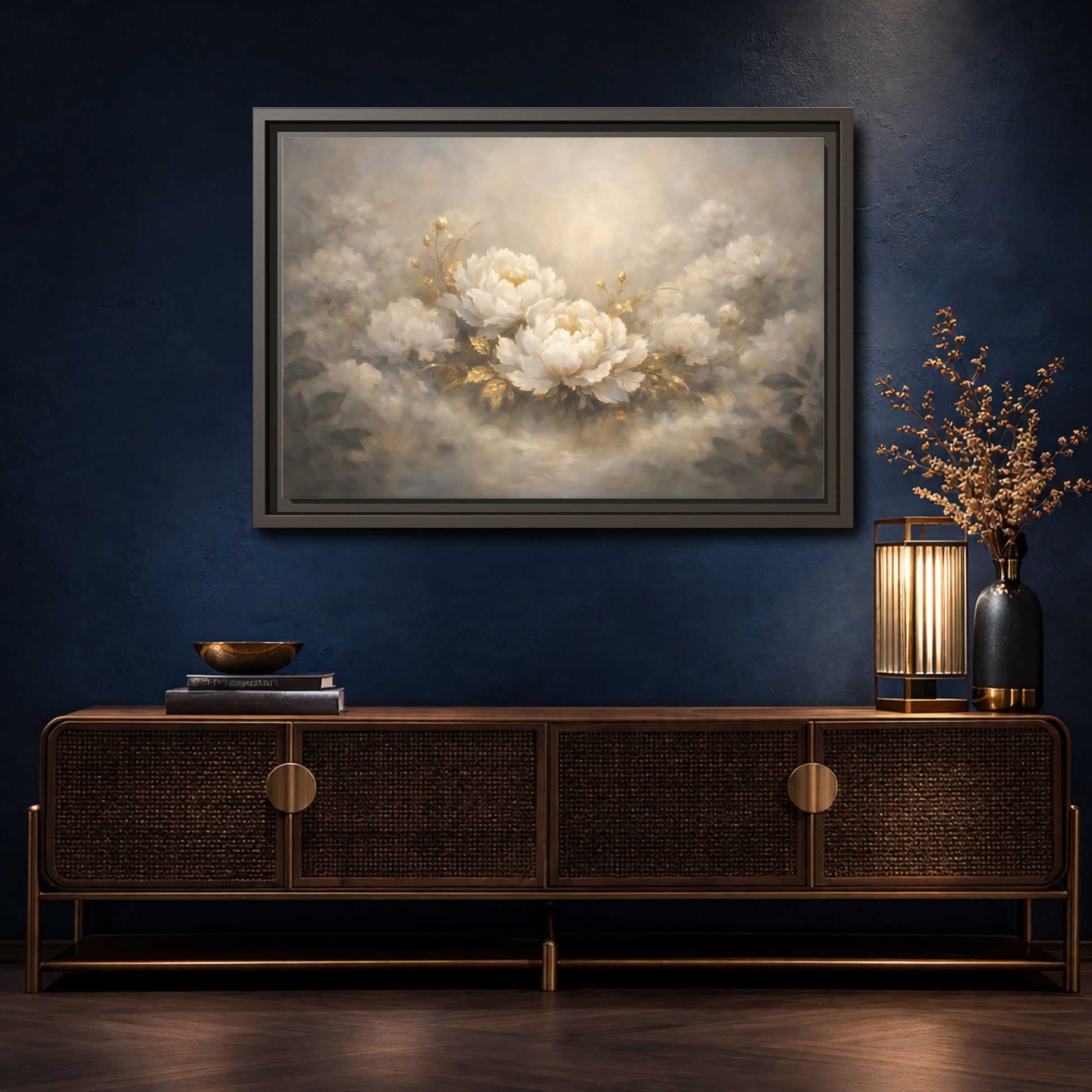 Mockup 4. Floral Peonies White Gold Peonies shown as stretched canvas wall art