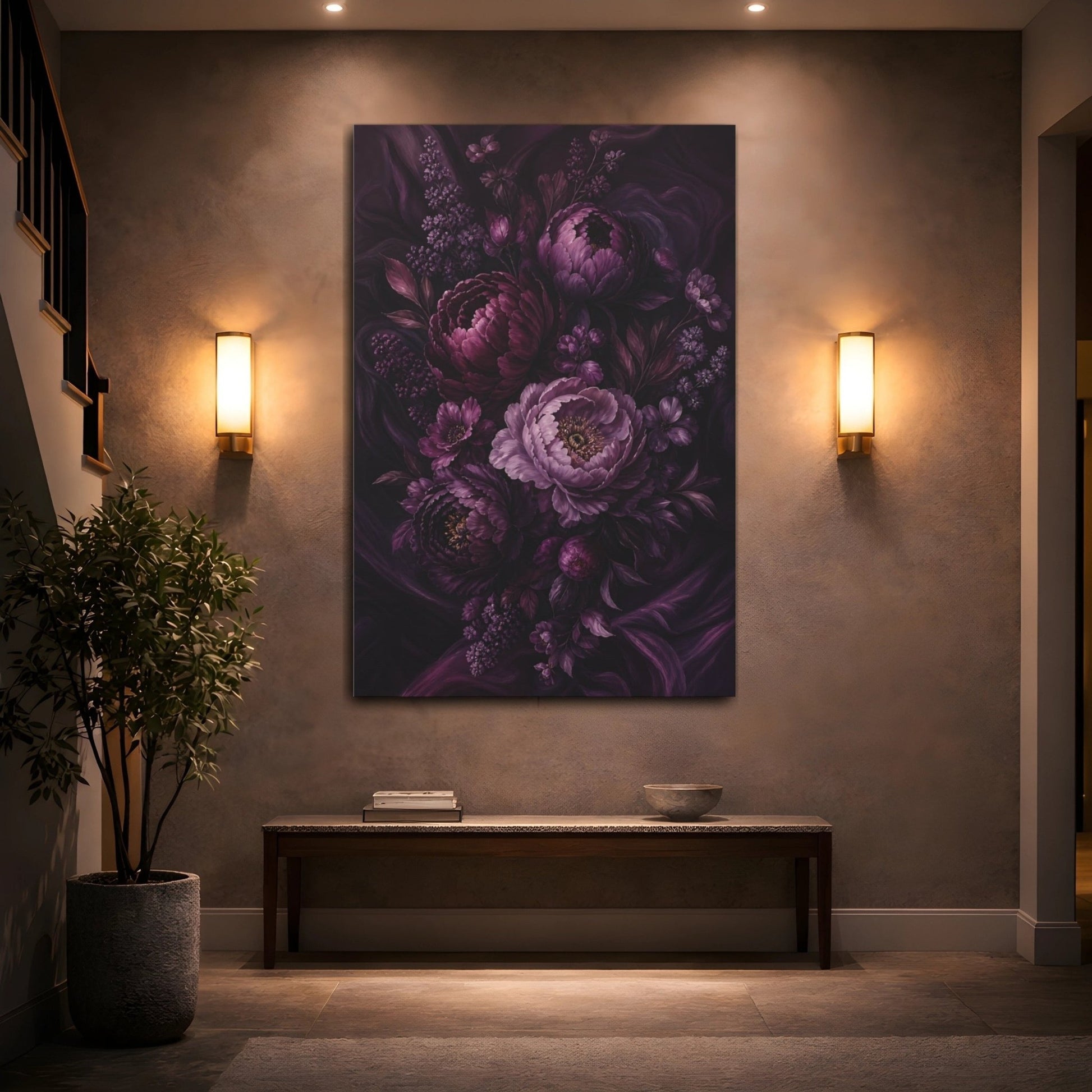 Floral Peony Bouquet Deep Purple Canvas Print Wall Art – Living Room Decor, Above Sofa - YesArtYes