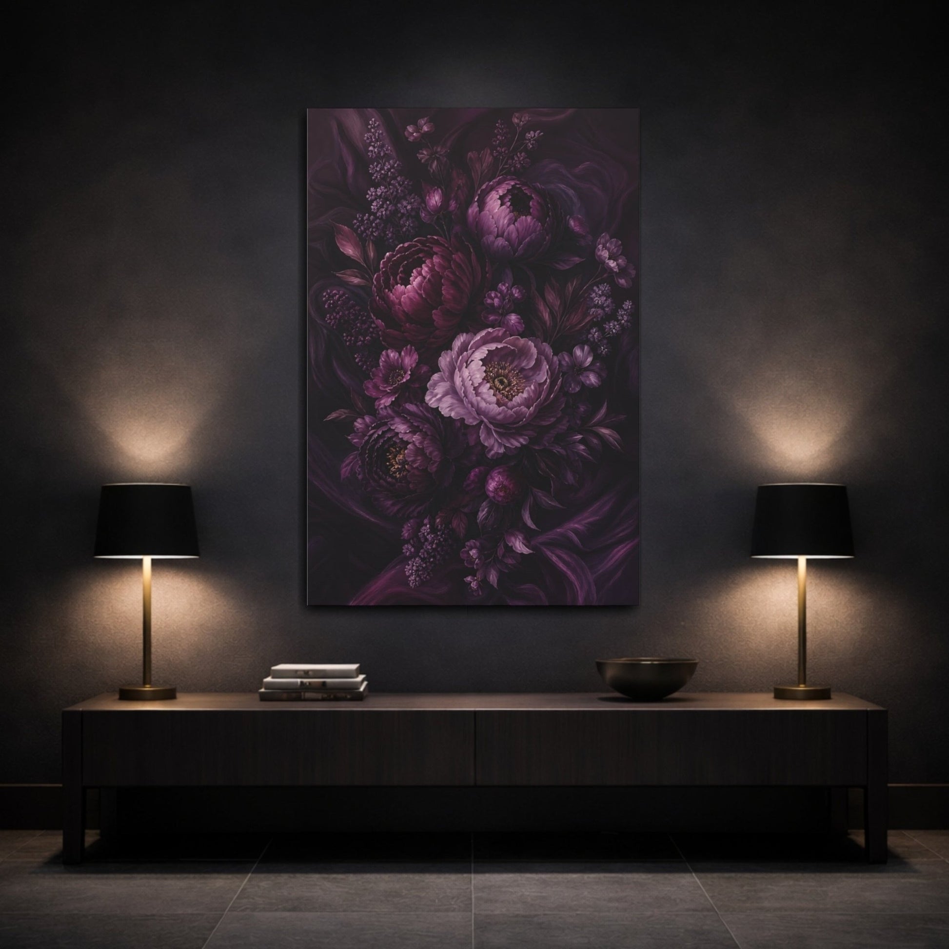 Floral Peony Bouquet Deep Purple Canvas Print Wall Art – Living Room Decor, Above Sofa - YesArtYes