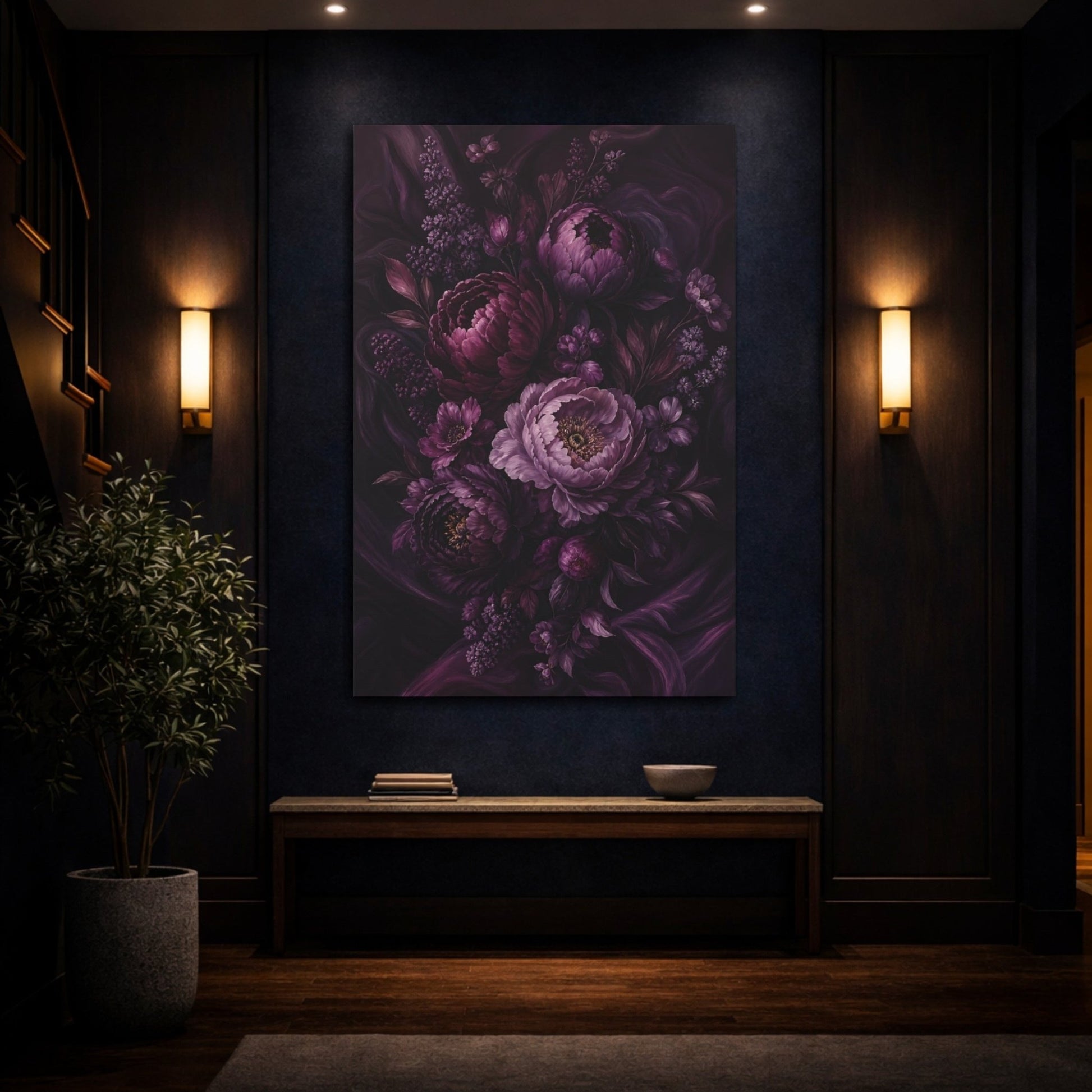 Floral Peony Bouquet Deep Purple Canvas Print Wall Art – Living Room Decor, Above Sofa - YesArtYes