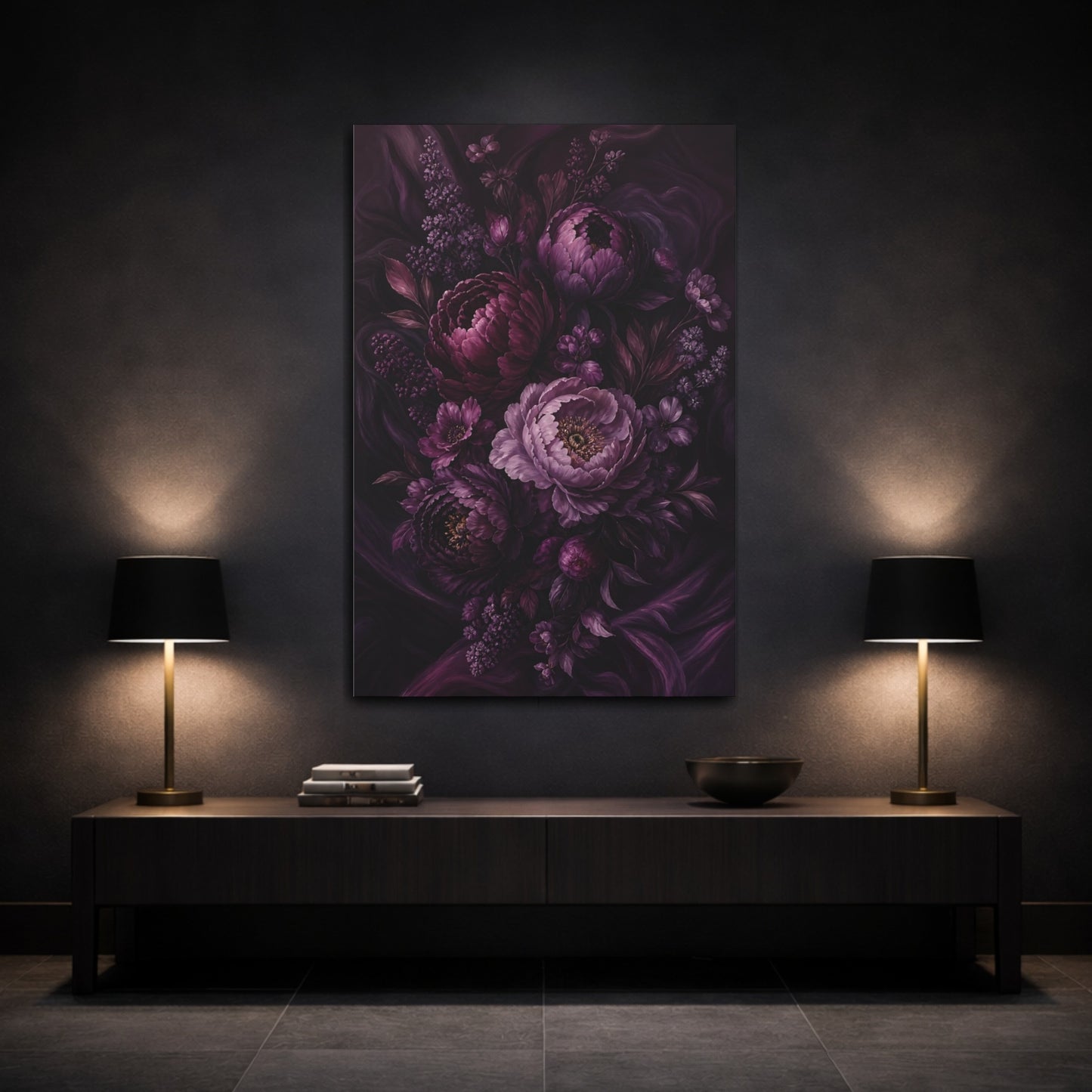 Mockup 3. Floral Peony Bouquet Deep Purple Peonies shown as canvas print