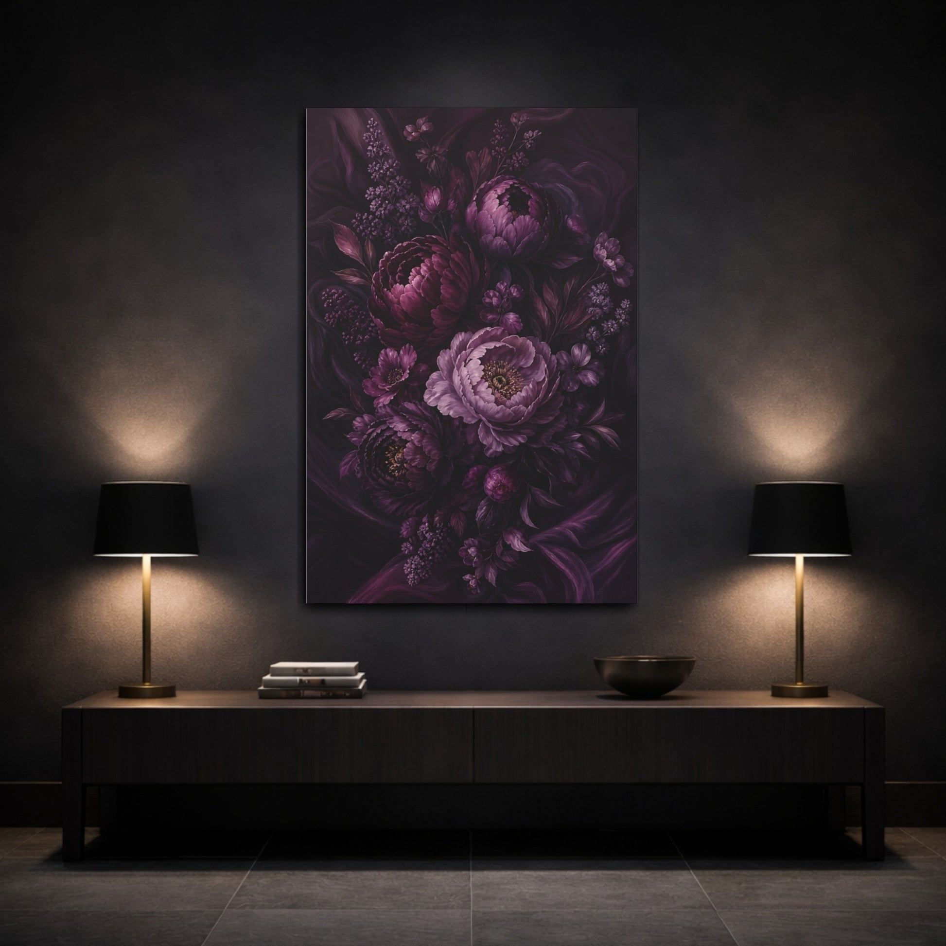 Mockup 3. Floral Peony Bouquet Deep Purple Peonies shown as canvas print