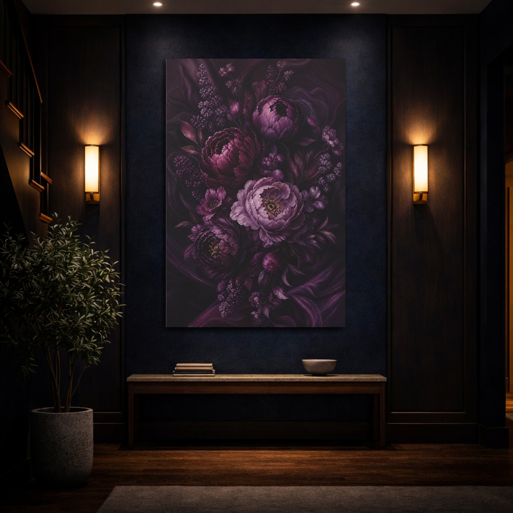 Mockup 4. Floral Peony Bouquet Deep Purple Peonies shown as canvas print