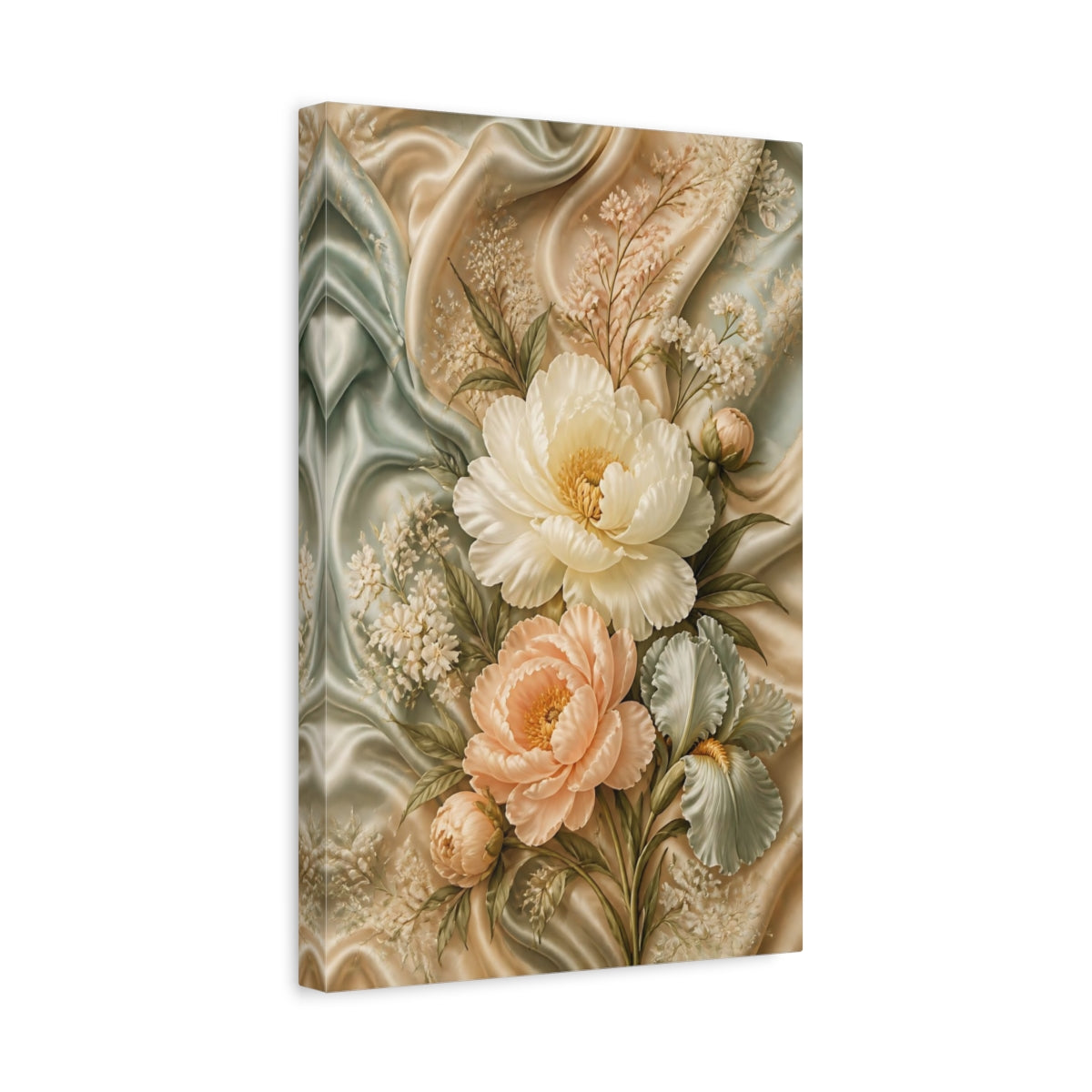 Side Mockup 4. Floral Peony Bouquet Pastel Floral shown as stretched canvas wall art