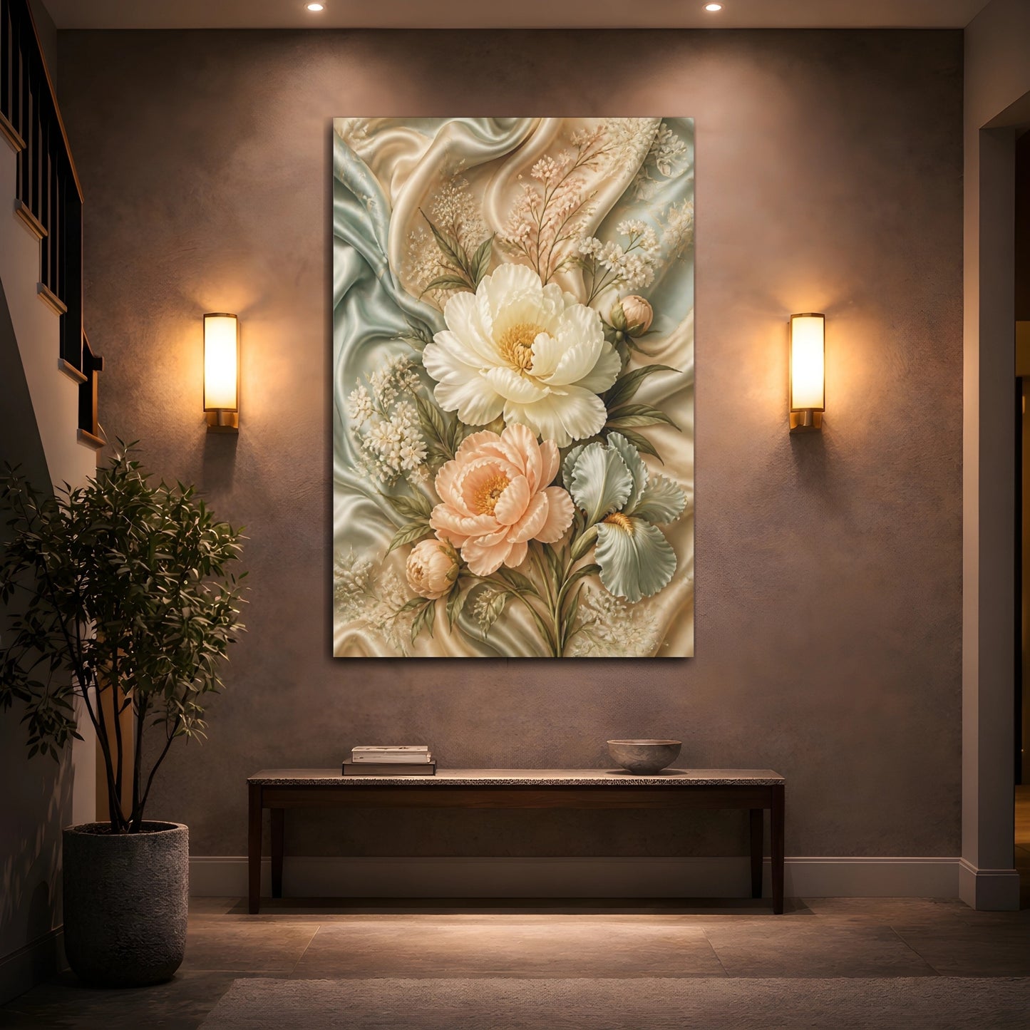 Mockup 2. Floral Peony Bouquet Pastel Floral shown as stretched canvas wall art