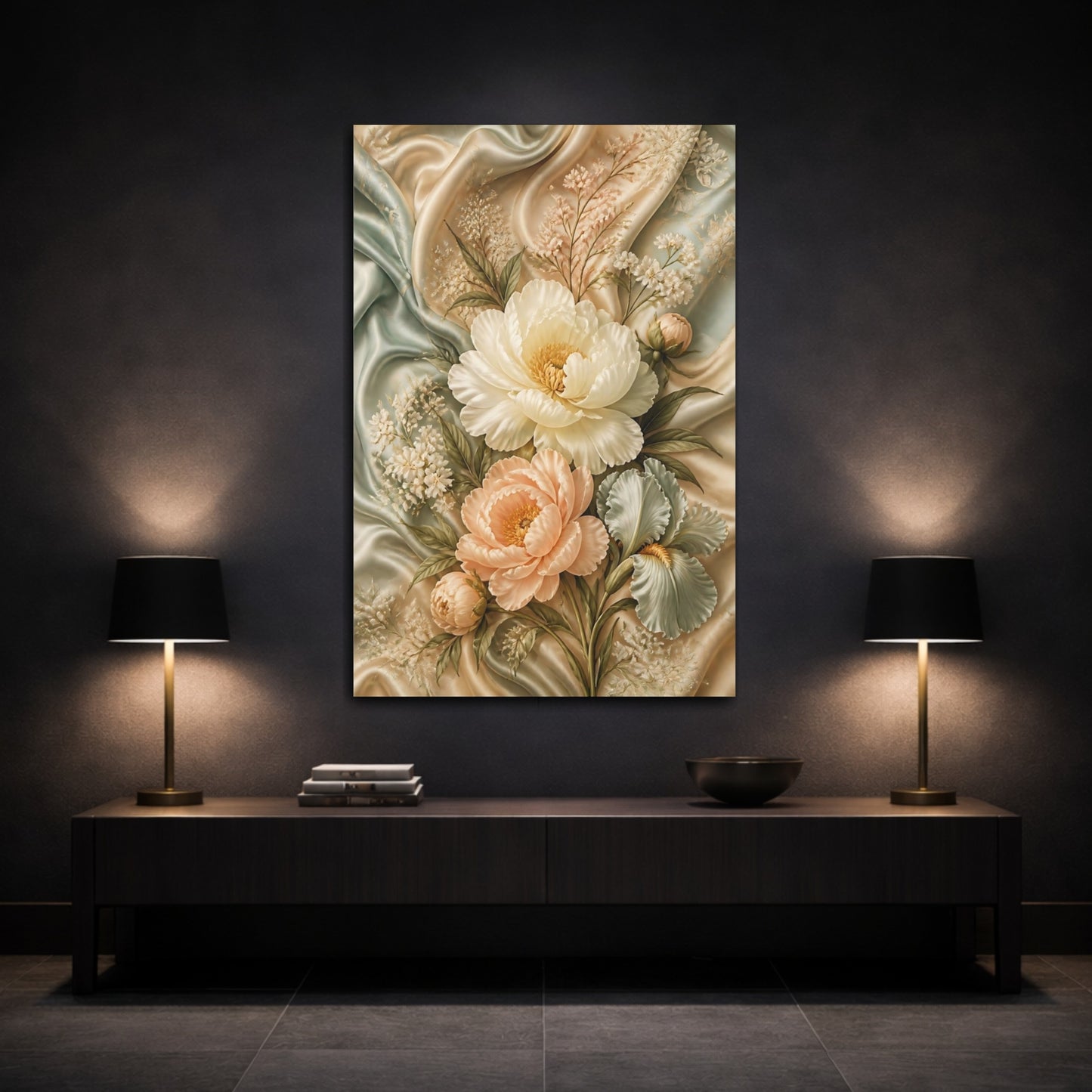 Mockup 3. Floral Peony Bouquet Pastel Floral shown as stretched canvas wall art