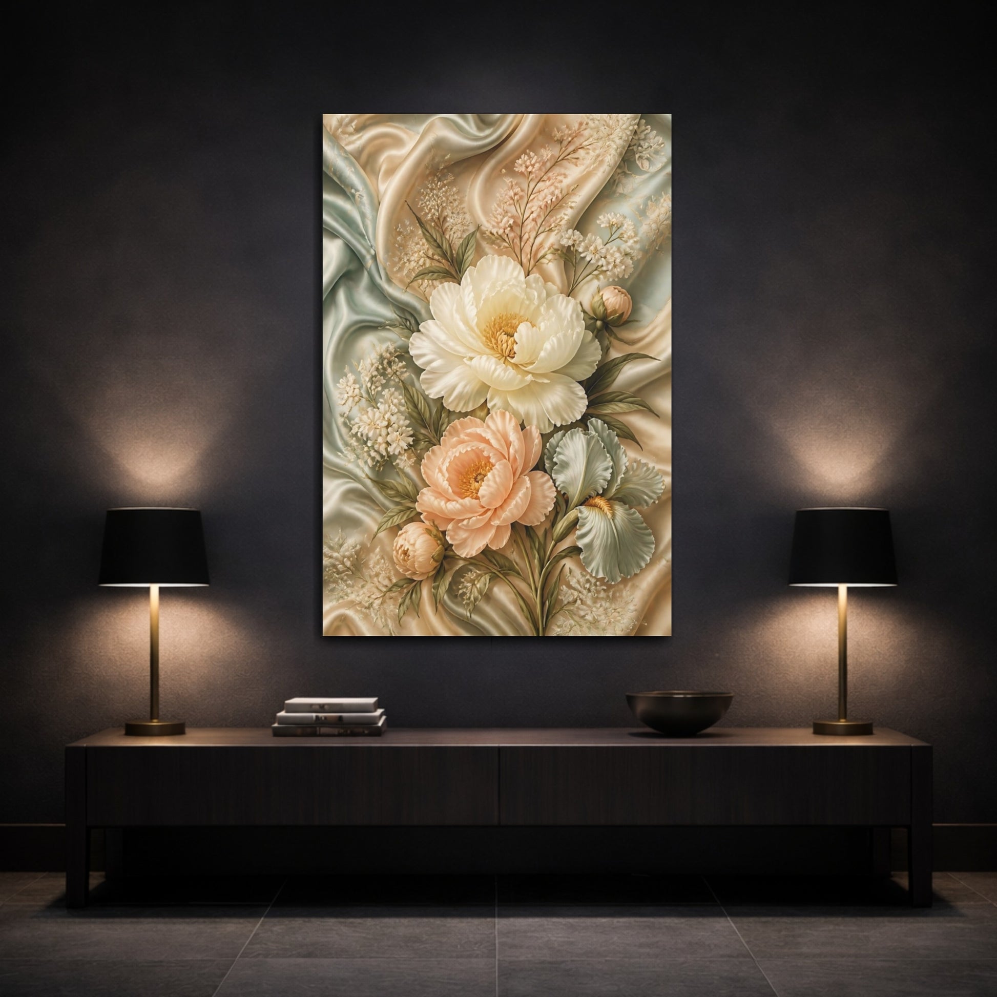 Mockup 3. Floral Peony Bouquet Pastel Floral shown as stretched canvas wall art