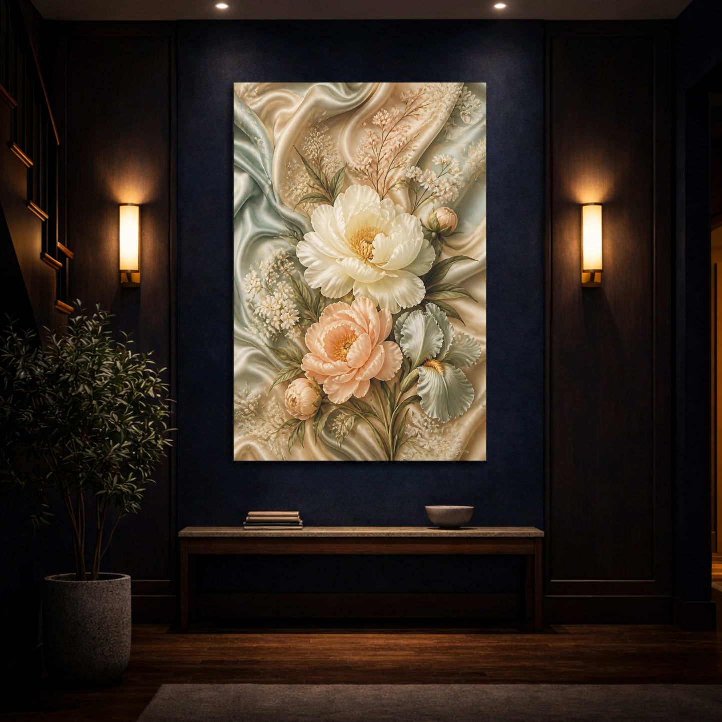 Mockup 4. Floral Peony Bouquet Pastel Floral shown as stretched canvas wall art