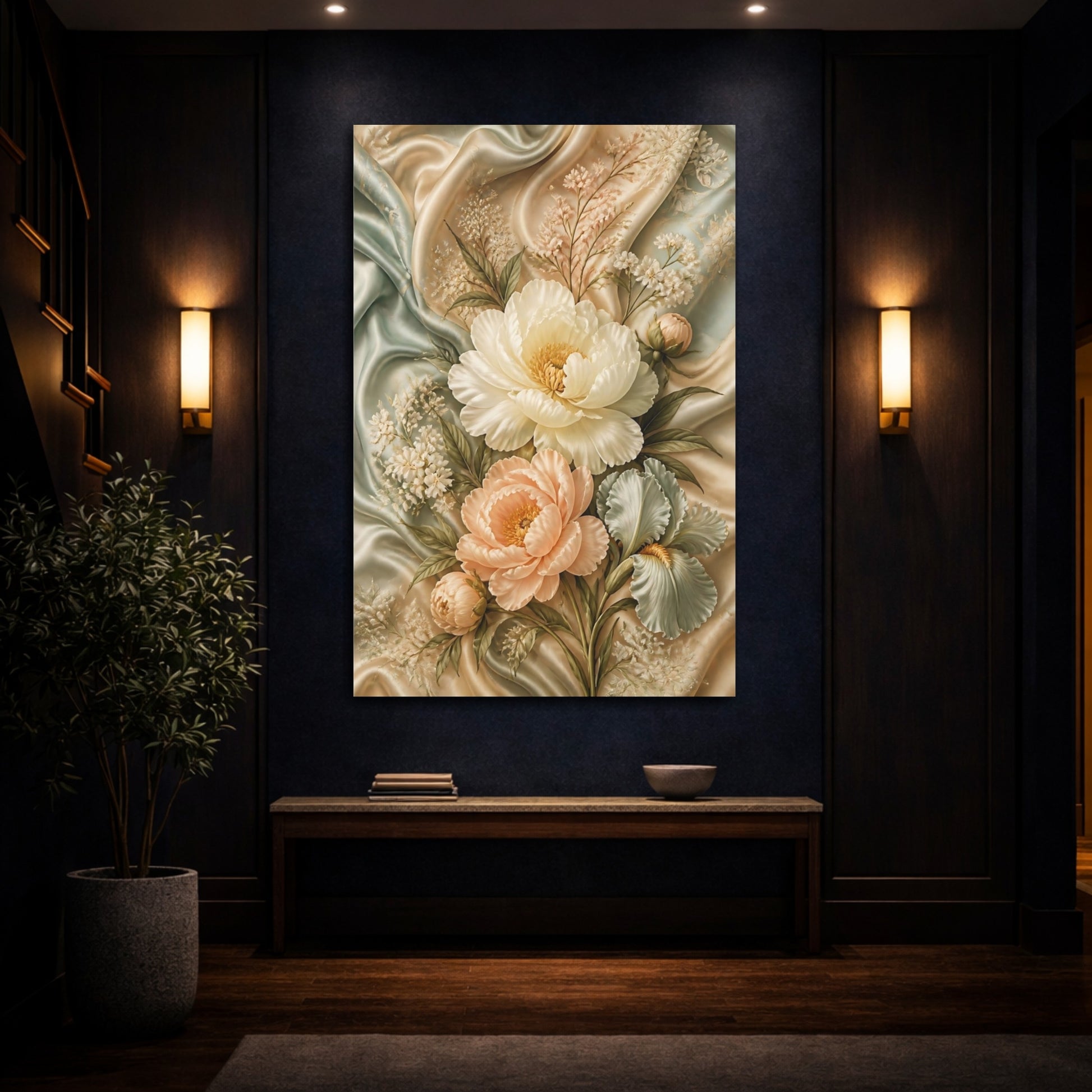 Mockup 4. Floral Peony Bouquet Pastel Floral shown as stretched canvas wall art