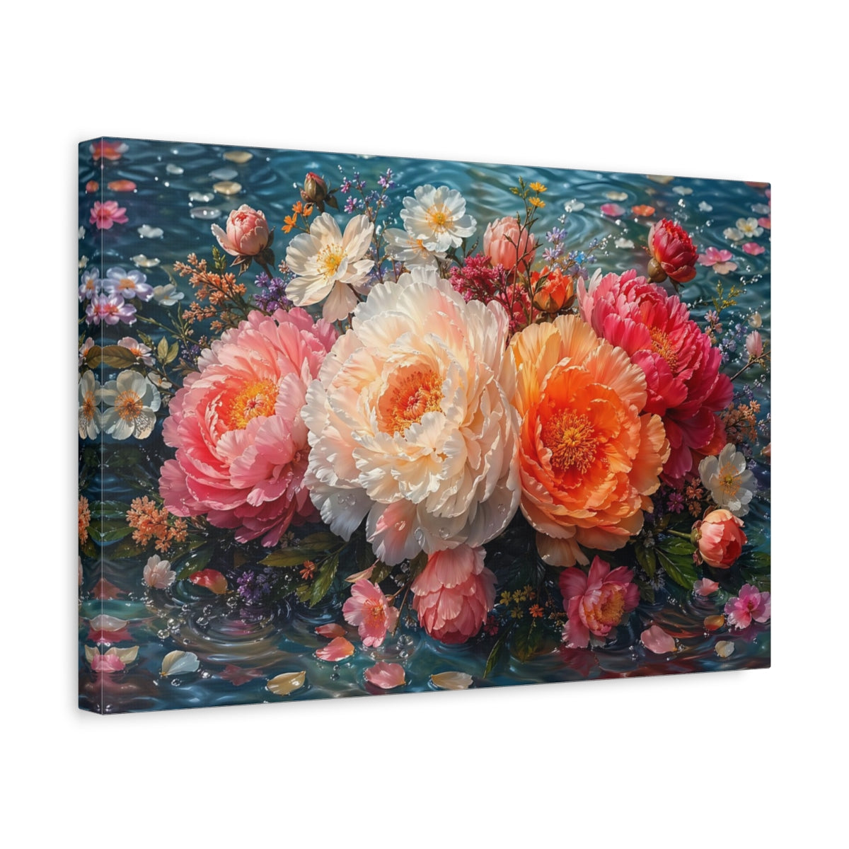 Side Mockup 4. Floral Peony Bouquet Pink Orange Peonies shown as stretched canvas wall art