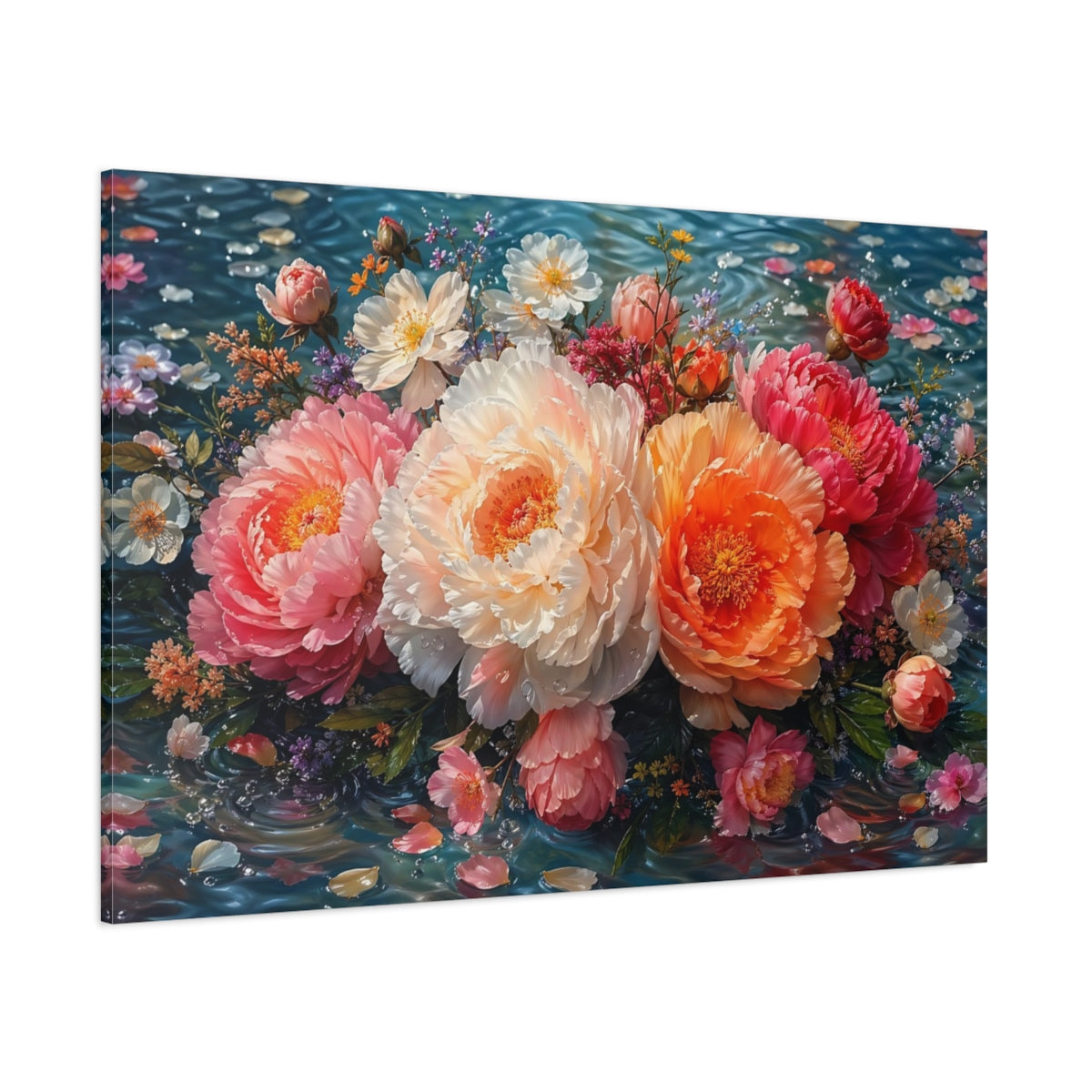 Side Mockup 1. Floral Peony Bouquet Pink Orange Peonies shown as stretched canvas wall art