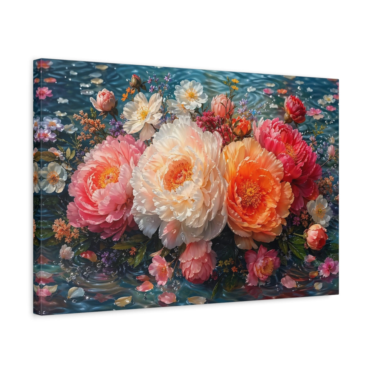 Side Mockup 3. Floral Peony Bouquet Pink Orange Peonies shown as stretched canvas wall art