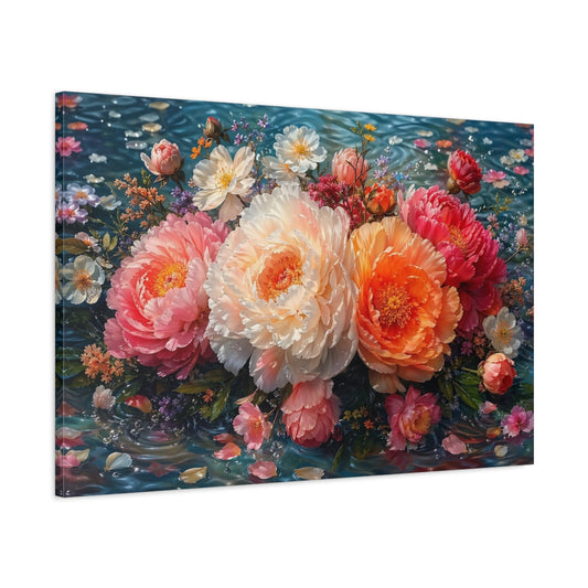 Main Mockup. Floral Peony Bouquet Pink Orange Peonies shown as stretched canvas wall art