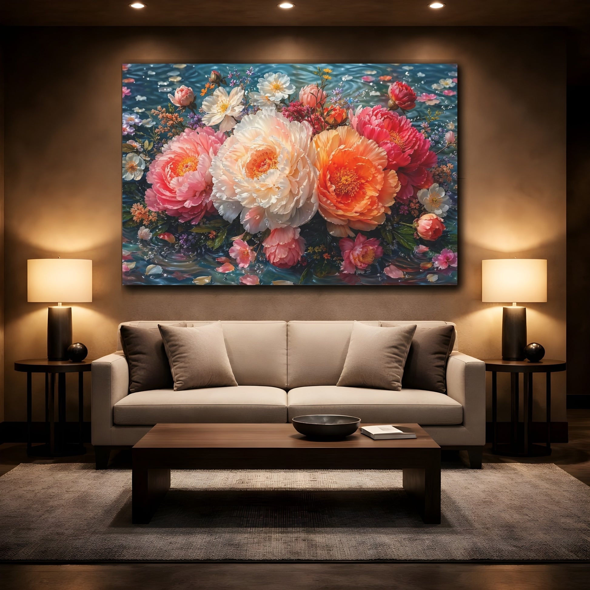 Mockup 2. Floral Peony Bouquet Pink Orange Peonies shown as stretched canvas wall art